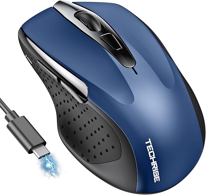 Bluetooth Mouse (BT5.0/3.0 & 2.4G) Rechargeable Wireless Mouse, 4800 DPI Optical Tracking, 6 Adjustable DPI, 2.4GHz with USB A Receiver, Quiet Clicks, Ergonomic Grips, 6 Buttons - Blue