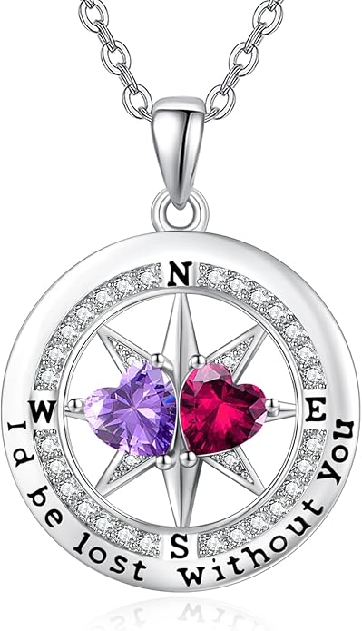 Compass Necklace for Women, Exquisite S925 Valentines Day Anniversary Birthday Gifts for Wife Her Double Birthstone Pendant Jewelry ‘I'd be Lost Without You’