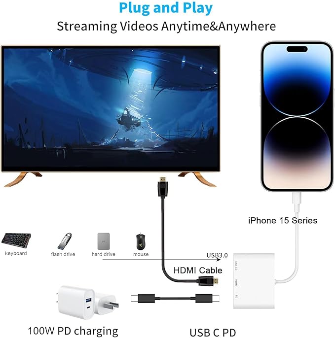 AIRSKY USB-C Digital Av Multiport Adapter, USB C to HDMI Adapter for iPhone 15/16 to TV with Fast Charging Port Two-Way, USB3.1 and 4K HDMI Output Compatible with Iphone15 / 16 Ipad pro Mackbook Pro