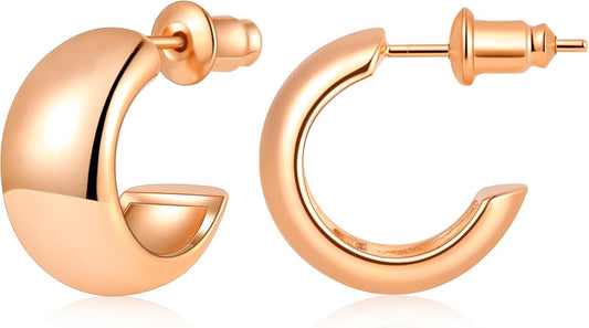 Gamicy Small 14K Gold Plated Hoop Earrings for Women with 925 Stering Silver Post, 14K Real Gold Plated Chunky Lightweight Hoops Earrings