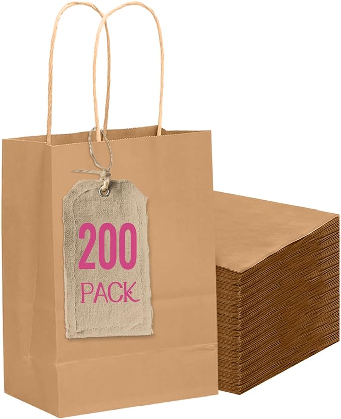 qiqee 200-Packs Brown Paper Gift Bags with Handles Bulk 4.5"x2.5"x6" Mini Size Paper Bags Multiple Uses