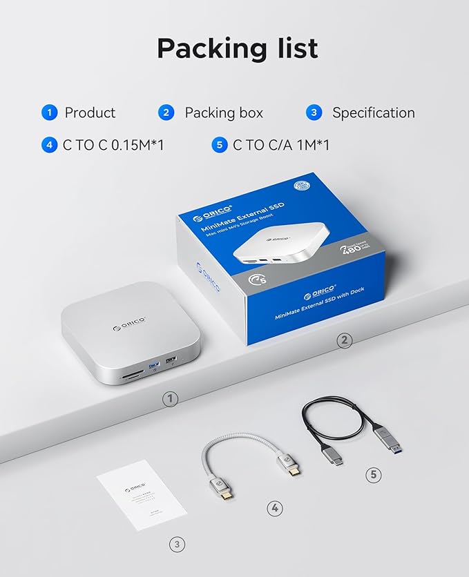 ORICO MiniMate SE Mac mini M4 2TB Storage & Docking Station, External SATA SSD (Non-Removable) 5Gbps(480MB/s), USB A*4, USB-C, SD/TF 3.0, 3.5mm Audio, Includes 2 Cables – M4SE
