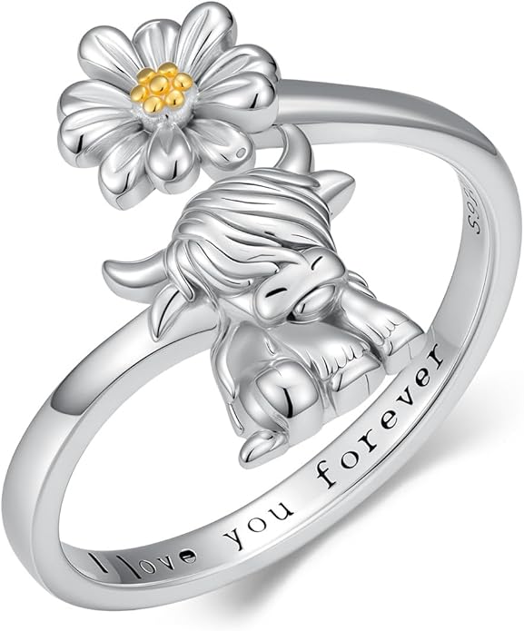 Animal Open Ring 925 Sterling Silver Koala/Panda/Highland Cow/Elephant Adjustable Ring Cute Animal Daisy Jewelry Gifts for Women