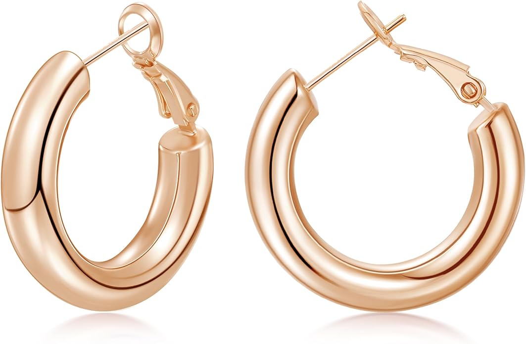 sovesi Chunky Gold Hoop Earrings for Women with 925 Sterling Silver Post, 14K Gold Plated Small Thick Gold Hoops Earrings for Women