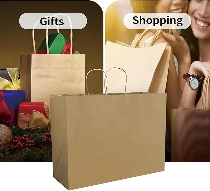 FACEBAG 100Pcs Brown Paper Bags with Handles Bulk, 16x6x12 Inches,Large-sized Kraft Paper Shopping Bags&Gift Bags for Party Favors，Grocery Shopping & Retail，Reusable & Durable