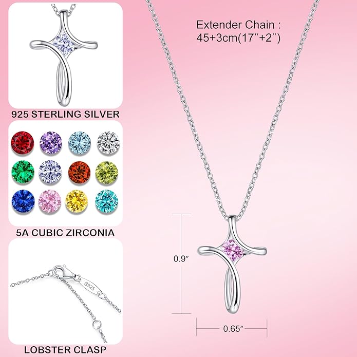 Cross Necklace for Women, 925 Sterling Silver Birthstone Necklace for Women with Diamond Sideways Cross Necklaces Birthstone Jewelry Birthday Gifts for Womens