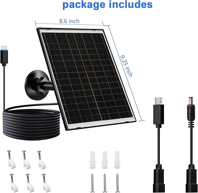 FUTUREZEN 10W Solar Panel for Security Camera, Trail Camera, Type-C Device, Solar Charger with USB-C, Micro USB & DC 5.5x2.1mm Port, IP66 Waterproof, Adjustable Mount, 7.2FT Cable