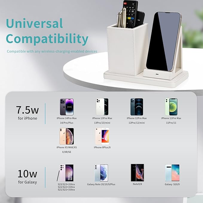 Wireless Charger with Desk Organizer, Wireless Charging Station for iPhone 14/14 Pro/13/12/11/Samsung Galaxy S23/S22/S21/S20/Note 20/Note 10, Charging Stand with Leather, White