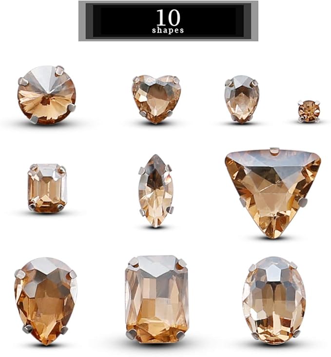 TANOSII Sew on Rhinestones 100 PCS Mixed Shapes Glass Rhinestones Sew on Crystal Gems Mental Flatback with Silver Claw for Jewelry Crafts Clothes Shoes Costume Garment Champagne
