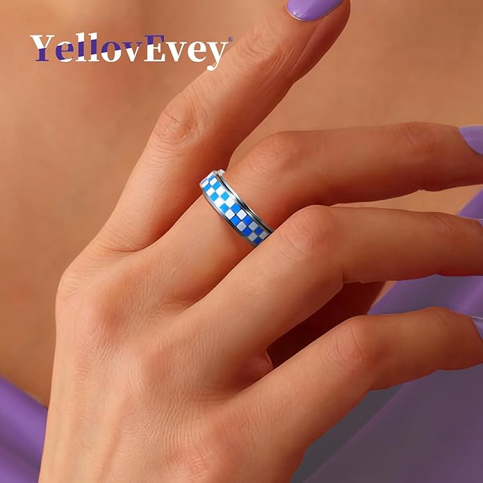 Checkered Fidget Ring For Women - Blue Chessboard Design Band Rings Anxiety & Stress Relief Stacking Spinner Rings, Stainless Steel Spinning Ring Anti-Anxiety Jewelry Gift for Adults
