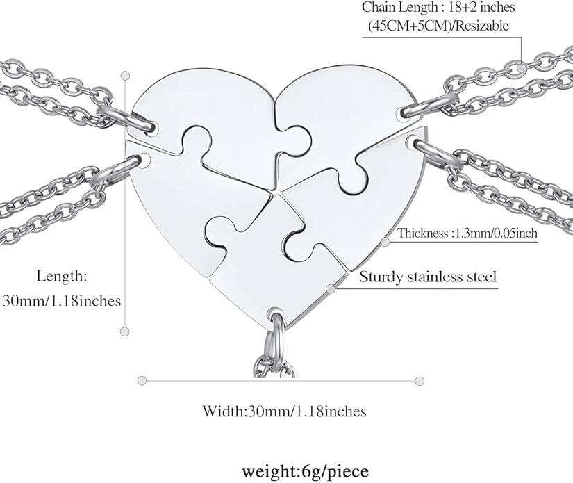 FindChic Personalized Matching BFF Necklace for 2/3/4/5/6 Puzzle Name Heart Pendant Stainless Steel Couple Necklace Set Customized Necklaces for Teen Girls