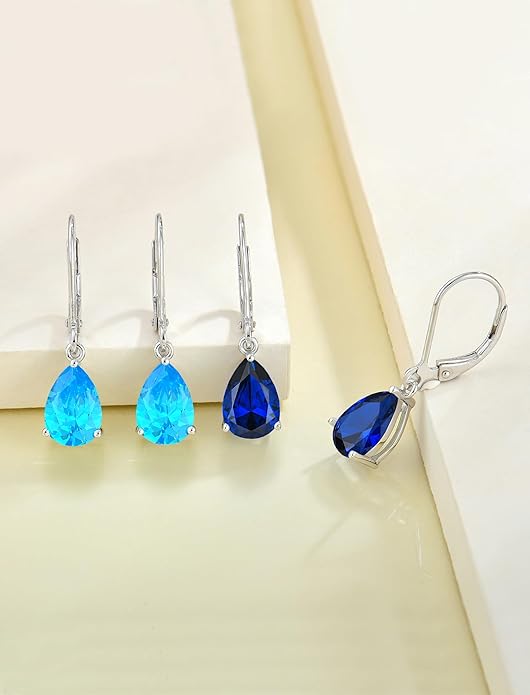 YL 925 Sterling Silver Teardrop Dangle Drop Earrings for Women 7x10 MM Solitaire Birthstone Leverback Jewelry