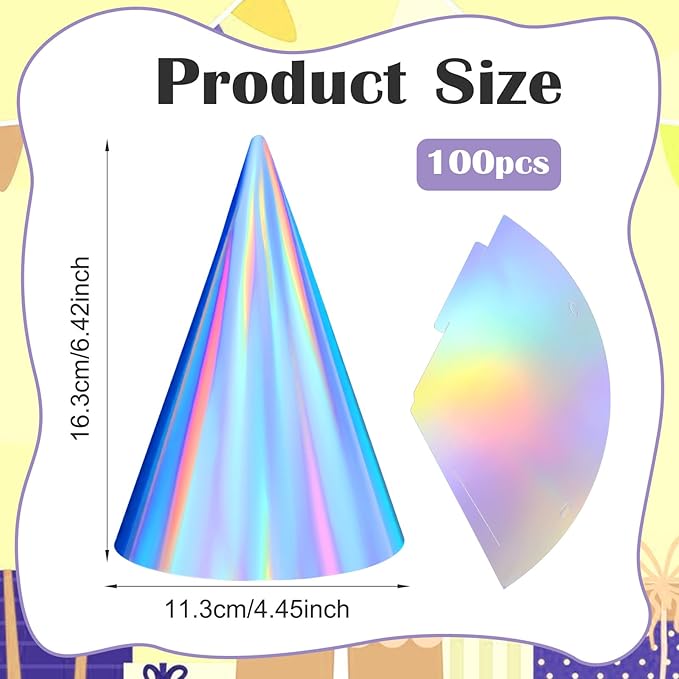 100PCS Iridescent Party Hats, Laser Themed Birthday Party Hat Partys Cone Hat with Elastic String Bulk Partys Hats for Kids and Adults, Colorful Birthday Hatss