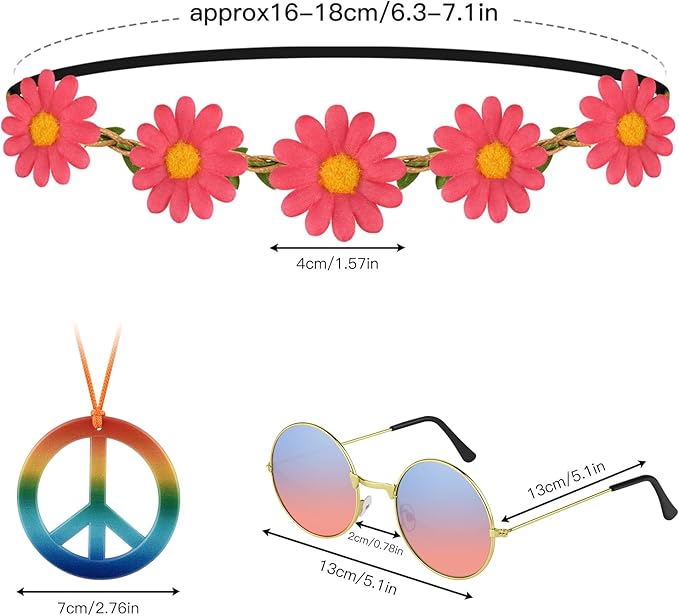NEBURORA Hippie Costume Accessories Set 60s 70s Daisy Headband Peace Sign Necklaces Hippie Sunglasses for Carnival Party