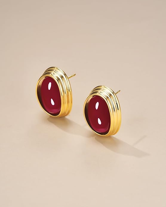 SNGIA18K Gold Plated Burgundy Maroon Red Carnelian Round Oval Ribbed Button Chunky Statement Earrings for Women by SNGIA, Bold Handmade Exaggerated Dome Retro Rounded Button Trendy Bohemian Gemstone Stud Jewelry Gifts, Unique Vintage Baroque Stone Summ...