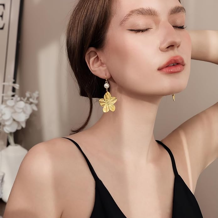 Gold Flower Statement Earrings for Women, Large Chunky Bohomian Summer Beach Floral Earring, Irregular Bold Exaggerated Earrings