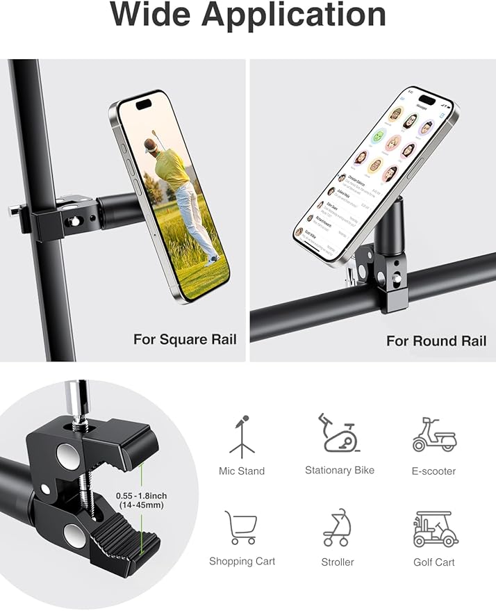 elitehood Magnetic Phone Clamp Mount, Adjustable Phone Holder for Mic Stand/Music Stand/Golf Cart/Treadmill/Stroller/Shopping Cart/Stationary Bike, iPhone Clamp Mount for Magsafe iPhone 16 15 14