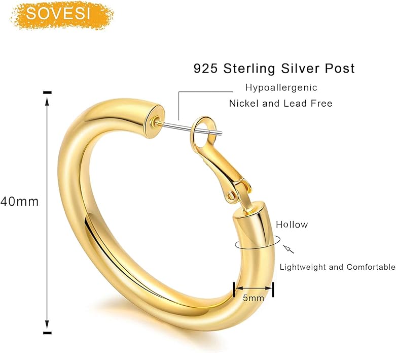 sovesi Chunky Gold Hoop Earrings for Women with 925 Sterling Silver Post, 14K Gold Plated Small Thick Gold Hoops Earrings for Women