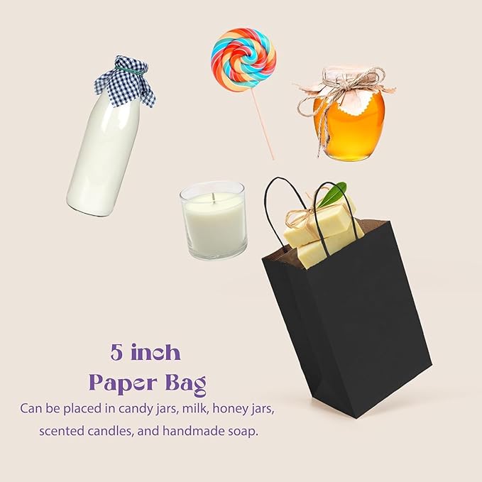 MESHA Gift Paper Bags 400 PACK 5.25x3.75x8 Inch Black Small Shopping Kraft Bags Bulk with Handles Reusable for Business,Grocery,Birthday,Wedding,Kids Party,Favors