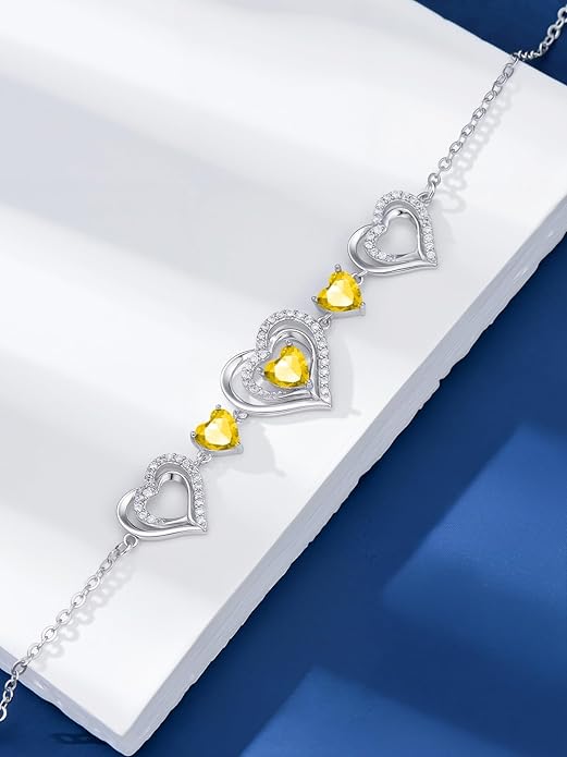 Birthstone Charm Link Bracelet 925 Sterling Silver Rose/Heart/Mom Bracelet with 12 Months Birthstone Mother's Day Gift Jewelry Gifts for Women,Chain Length 7"+2" Extend