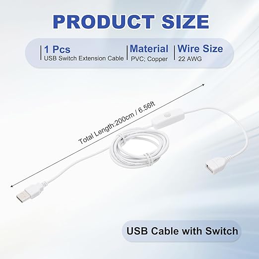 MECCANIXITY USB Extension Cable with ON/Off Button Switch 2m USB Male to Female Extension Cord for Desk Lamp Fan LED Light Strip White Pack of 1