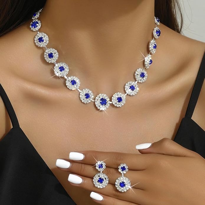 Unicra Bridal Wedding Jewelry Set Silver Rhinestone Necklace Earrings Sets Formal Costume Jewelry for Women and Brides