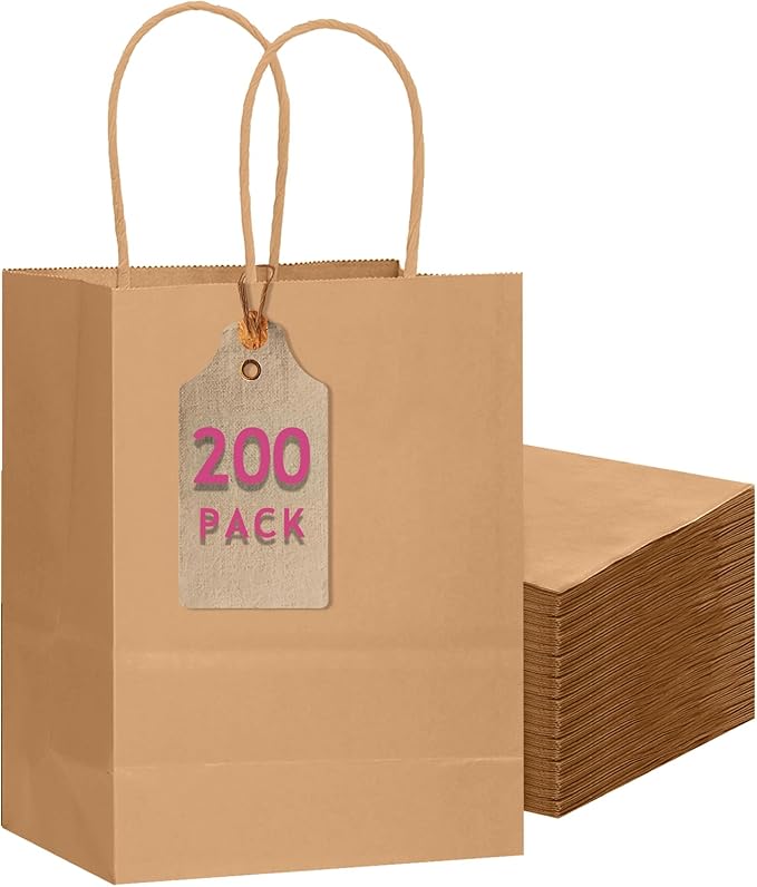 qiqee 200-Packs Brown Paper Gift Bags with Handles Bulk 10.6"x8.3"x4.3" Medium Size Paper Bags Multiple Uses