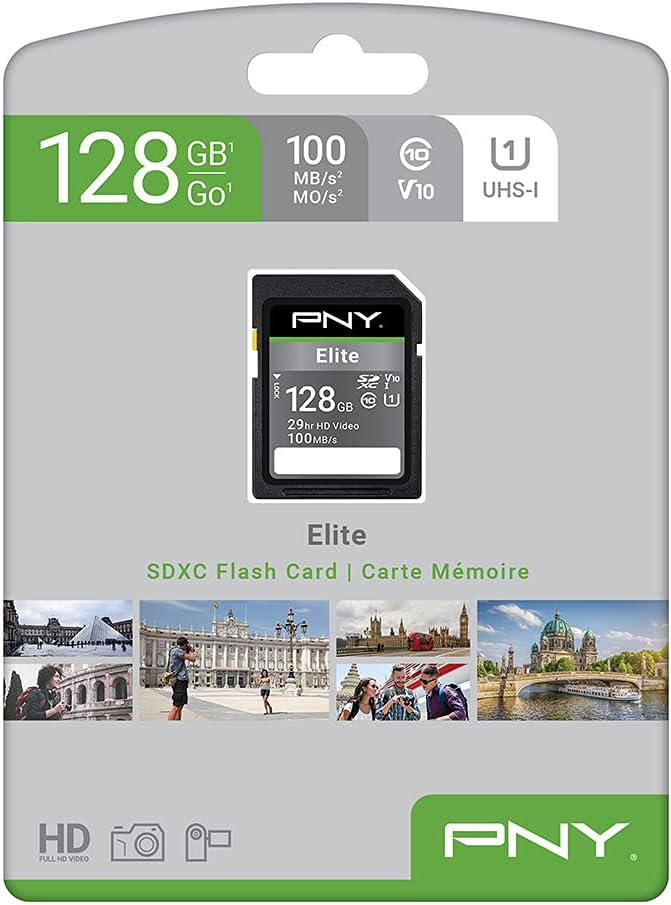 PNY 128GB Elite Class 10 U1 V10 SDXC Flash Memory Card - 100MB/s, Class 10, U1, V10, Full HD, UHS-I, Full Size SD (Pack of 1)
