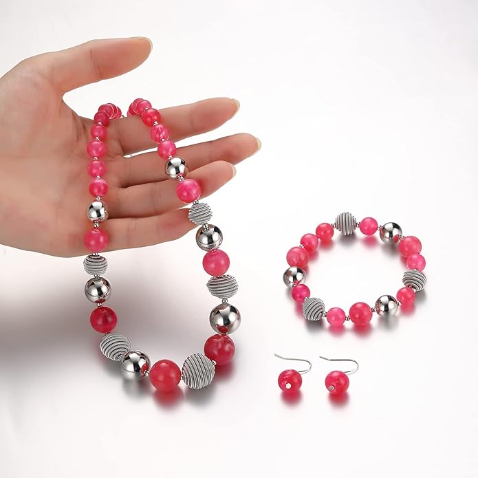 PEARL&CLUB Beaded Chunky Statement Necklace Earring and Bracelet Set Silver Metal Bead Fashion Jewelry Set Mothers’ Day Gifts for Women