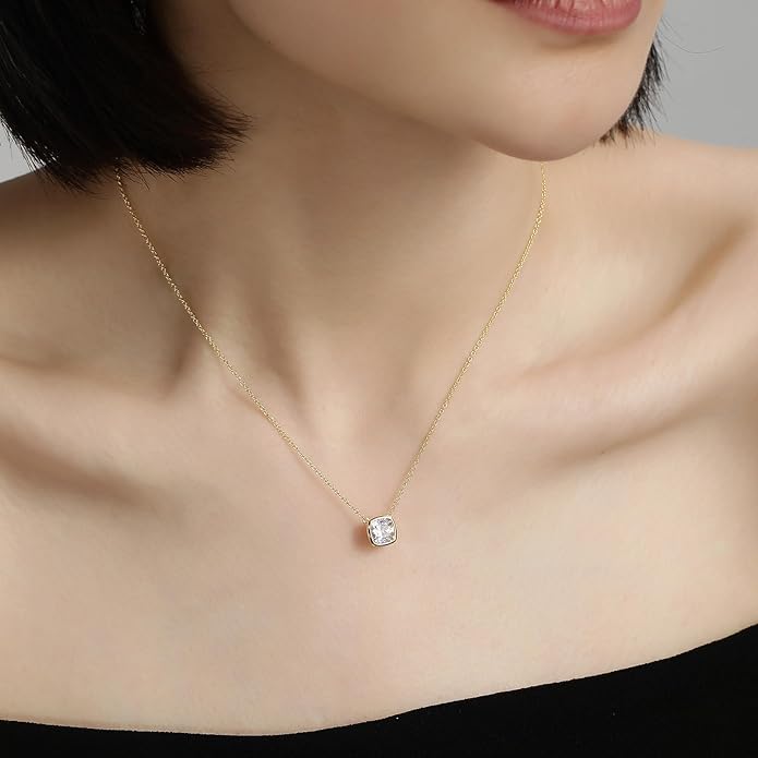 MISS MIMI Solitaire Cubic Zirconia Necklace for Women, 1–3 CT Round,Heart,Princess Cut CZ Options, Bezel or Prong Set in 925 Sterling Silver, Adjustable 16–20" Minimalist Everyday Jewelry