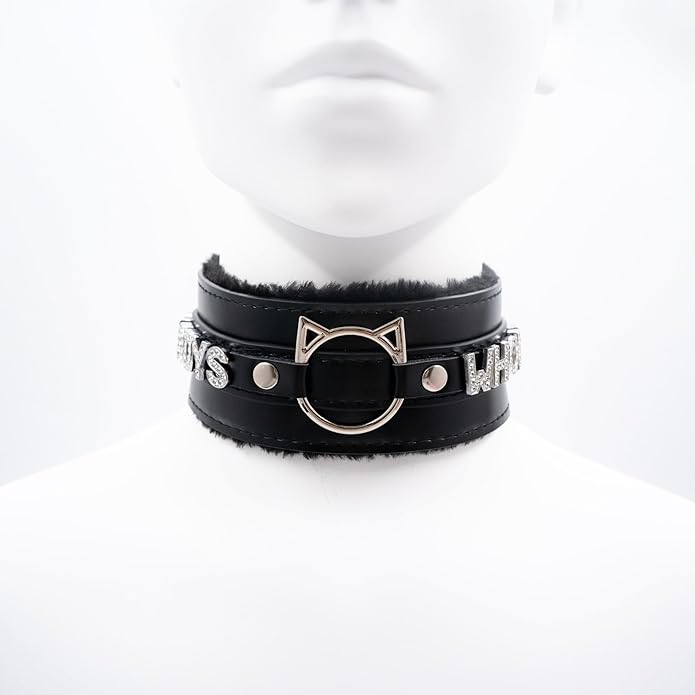 Handmade Collar Choker Necklace for Women – Cat Ear O-Ring Punk Goth Letter Choker,Black/Pink Furry Alt Fashion Jewelry