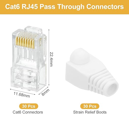 MECCANIXITY 30pcs Cat6 RJ45 Pass Through Connectors, RJ45 Connector 8P8C Gold Plated Plugs with 30pcs White Strain Relief Boots for Solid or Stranded UTP Ethernet Cable, 1.1mm