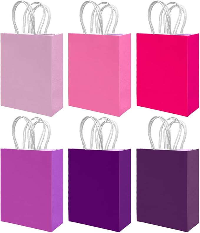 qiqee 30PCS Medium Gift Bag with Handles Bulk 11"x5"x8" Gift Bags 6 Different Pink ＆ Purple Color Bags Multiple Uses (Medium Size)