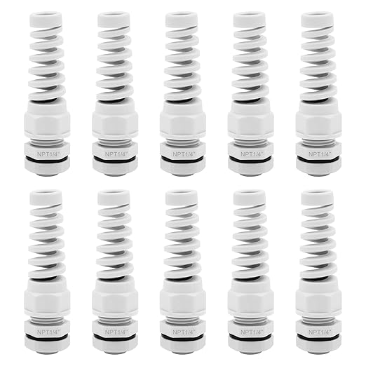 Strain Relief Cord Connector,LISTENJIALE 10Pcs NPT 1/4" Waterproof Cable Gland Flex Spiral Strain Relief Adjustable 4-8mm Cable Connector Nylon Joint with Gaskets(Grey)