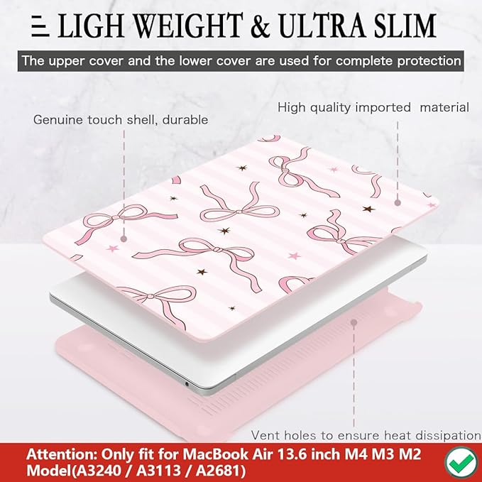CISSOOK Compatible with MacBook Air 13.6 inch Case 2025 2024 2023 2022 Release A3240 A3113 A2681, Plastic Hard Shell Cover Keyboard Skin Set for MacBook Air 13 inch M2 M3 M4, Baby Pink Bow