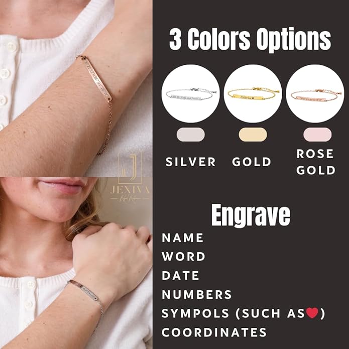Adults Personalized Name Engraved Bracelet for Women/Men – PVD Gold Plated Stainless Steel - Non Tarnish – Custom ID Tag – Adjustable Chain – Double Side Engraving (Luxury)
