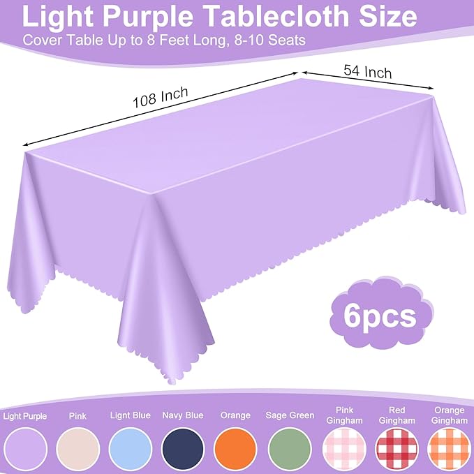 6 Pack Lavender Plastic Tablecloth, 54 X 108Inch Disposable Light Purple Scalloped Table Cloth Tables Waterproof Spring Table Cover for BBQ Picnic Baby Shower Birthday Wedding Garden Party Decor