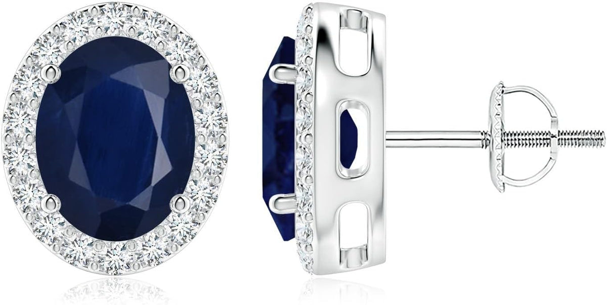 ANGARA Natural Blue Sapphire Earrings for Women | Prong-Set Oval Blue Sapphire Stud Earrings with Diamond Halo in 14K Solid Gold/Platinum | September Birthday, Anniversary, Gemstone Jewellery Gift
