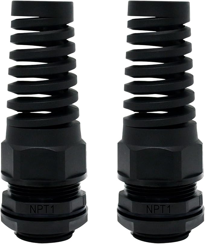 LeMotech 2Pcs NPT 1" IP68 Waterproof Cable Gland Flex Spiral Strain Relief Black Nylon Joint with Gaskets for 18-25mm Wire Thread