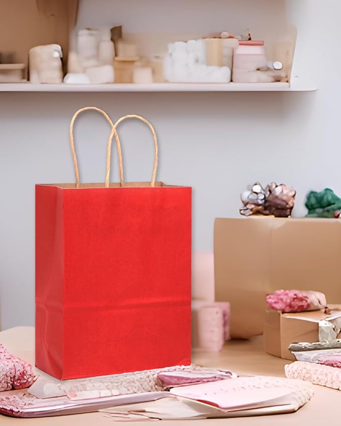 qiqee Large Kraft Paper Bags with Handles 13"x10"x5" 32 pcs Gift Paper Bag Wine Red Solid Color Bags（Large Size）