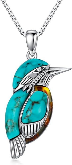 Turquoise with Amber Bird Pendant Necklace, Sterling Silver Genuine Boho Western Jewelry Gift for Birthday