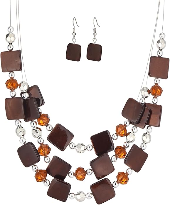 Layered Beaded Statement Necklaces for Women Square Shell Bead Collar Necklace and Earring Set Birthday Gifts Boho Jewelry Sets for Women
