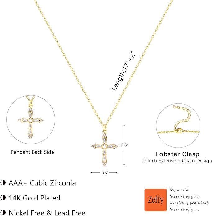 Zeffy Cross Necklace for Women,18K Gold/Silver Plated Tiny Cubic Zirconia Cross Pendant Necklace for Women Simple Layered Cross Necklaces for Women