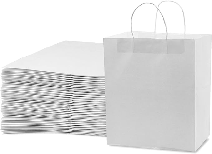 Prime Line Packaging White Paper Bags, Kraft Gift Bags with Handles for Small Business, Shopping, Take-out Goodies, Bistro, Boutique, Bulk, 10x6.75x12, 50 Pack