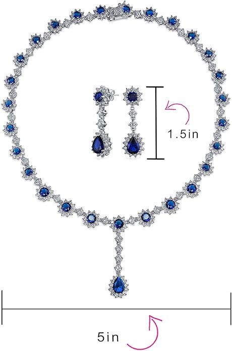 Elegant Vintage Estate-Inspired Bridal Jewelry Set - 5 CTW Oval Crown Halo Statement Necklace & Chandelier Earrings with AAA Cubic Zirconia CZ Simulated Gemstones, Silver Plated, for Women