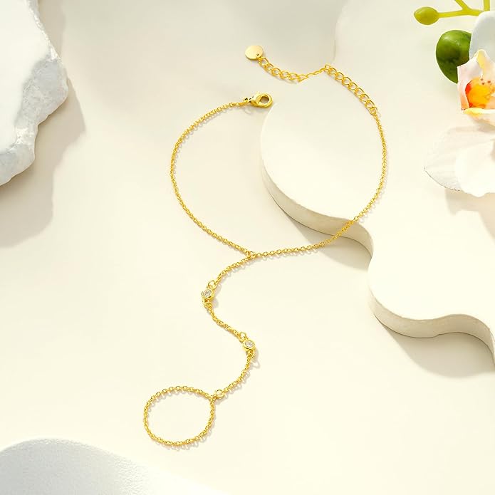 Gold Hand Chain for Women - Adjustable 14K Gold Plated Dainty Ring Bracelet Hand Chain Trendy Finger Ring Bracelet Hand Chains Stack Summer Jewelry for Women