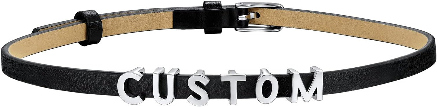 Custom4U Personalized Black Leather Choker Necklace with Picture/Name/Initials/Letters Charm,Custom Made Adjustable Choker Collar Gothic Punk Necklaces Jewelry Gifts for Women