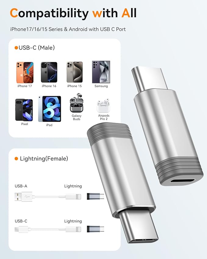 Temdan 4 Pack Lightning to USB C Adapter for iPhone 15/16/17 Pro/17 Pro Max,for iPhone 17/16 Charger,17/16 Accessories,Fast Charging & Data Transfer,USB C Charger Connector Cable,Not for OTG-Silver