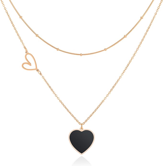 Linawe Layered Choker Heart Pendant Necklace for Women Trendy, Gold/Silver/Rose Gold Chain Stainless Steel Stacked Necklaces, Double Heart Necklace Y2K Preppy Jewelry