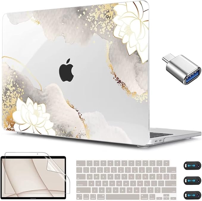 CISSOOK for MacBook Air 13.6 inch Case 2025 2024 2023 2022 Release Model M3 A3113 M2 A2681, Lotus Hard Shell Case Keyboard Cover for MacBook Air 13 M2 M3 M4 Chip, Charming Painting